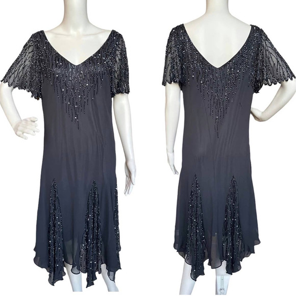 Vintage Dresses & Skirts - VINTAGE BEADED EVENING DRESS WITH HANDKERCHIEF HEM WOMEN SIZE M/L